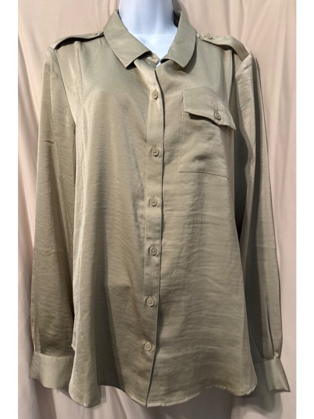 DKNY Satin Flap-Pocket Tunic Shirt Sand Size Large